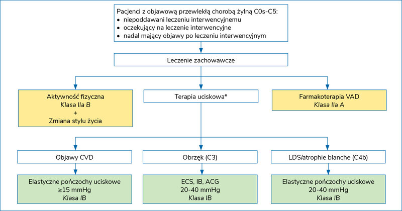 Rycina 1. Schemat postępowania w leczeniu przewlekłej choroby żylnej na podstawie wytycznych European Society for Vascular Surgery z 2022 r.11