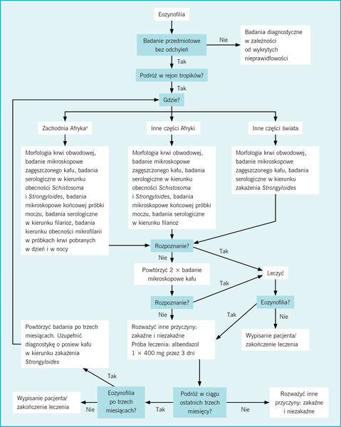 Rycina 2. Diagnostyka bezobjawowej eozynofilii w zależności od obszaru geograficznego, na którym doszło do ekspozycji