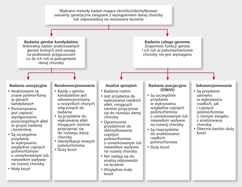 Rycina. Wybrane metody badań służące analizie związków między polimorfizmami a predyspozycją do rozwoju chorób dziedziczonych wielogenowo i odpowiedzią na stosowaną farmakoterapię.